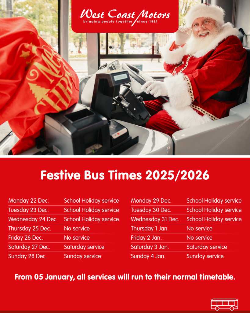 Designed timetable of Argyll festive bus times, with photo of Santa driving a bus. Times are also available in a table in the article.