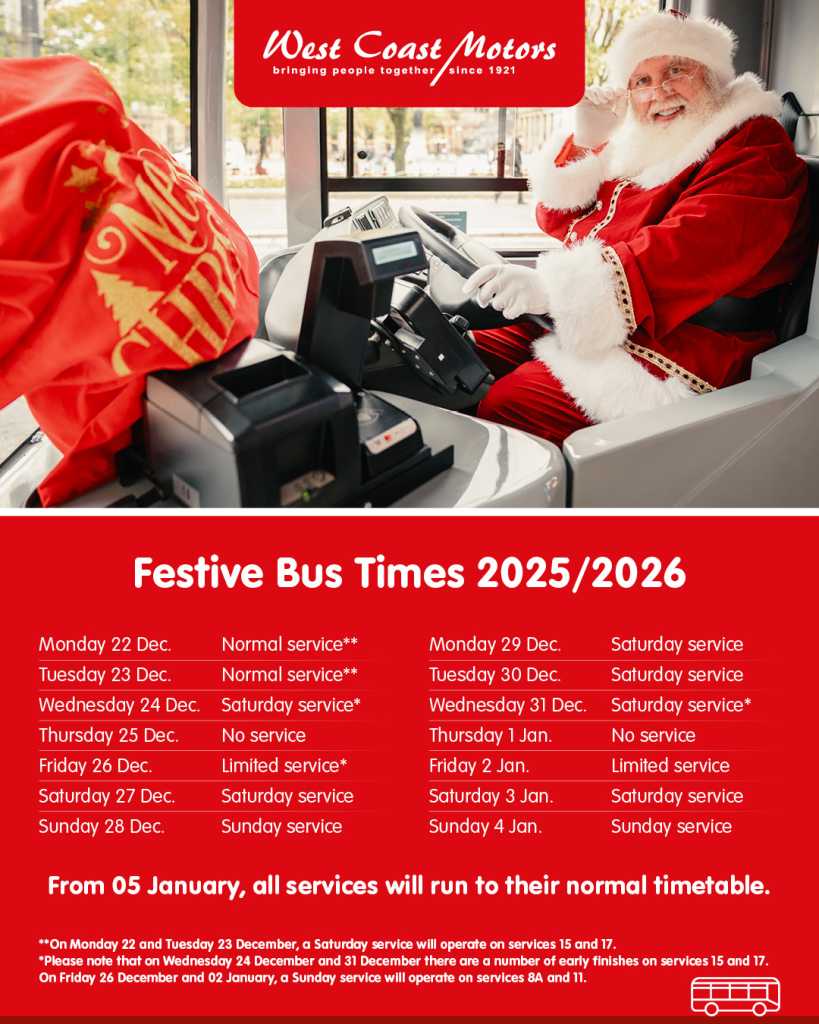 Designed version of our festive bus timetable for 2025/26, with photo of Santa driving a bus. Table also available in plain text in the article.