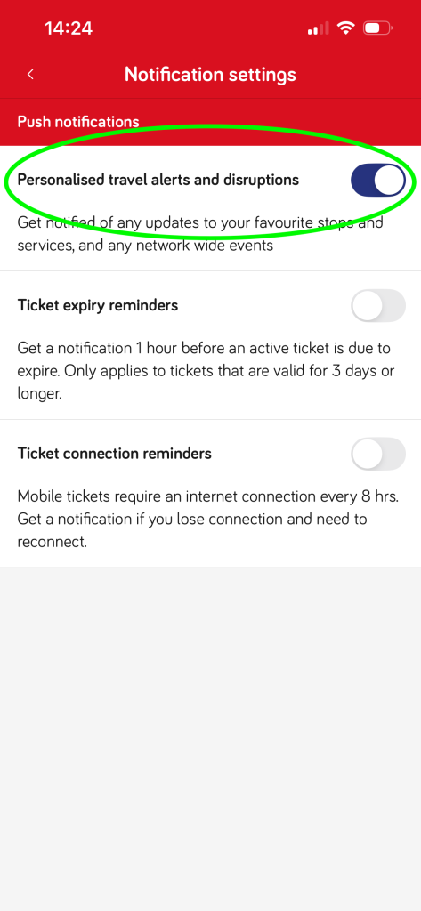 Notifications settings with personalised travel toggle turned on 
