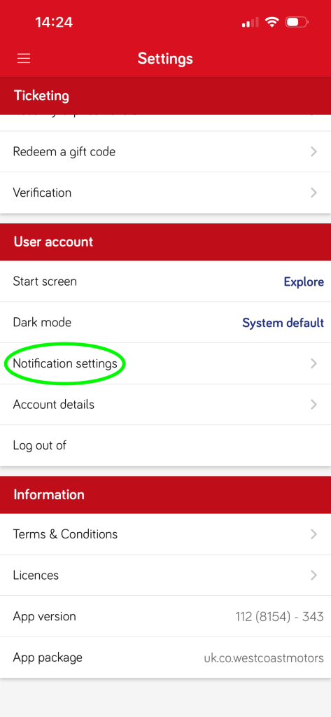 Settings showing notifications settings 