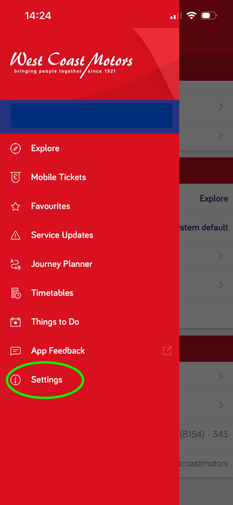 App menu showing settings option 