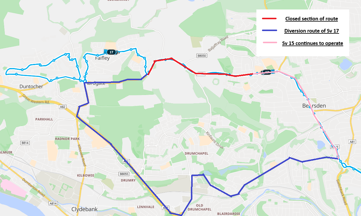 Map of closed route, diversion and service 15
